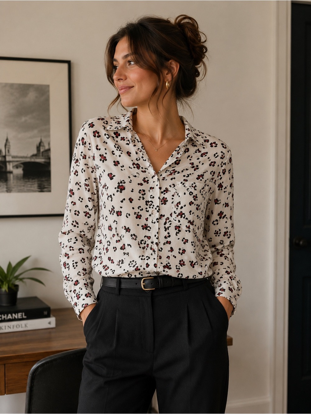 Women's White  Red Black‎ Leopard Print Blouse/ Office Siren /